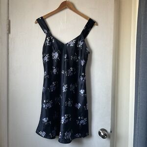 Canda Slip Dress Nightie Navy Blue Satin Bird Flower Print Fairy Y2K Coquette